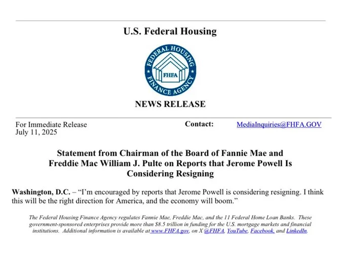 توییت رئیس FHFA درباره احتمال استعفای جروم پاول