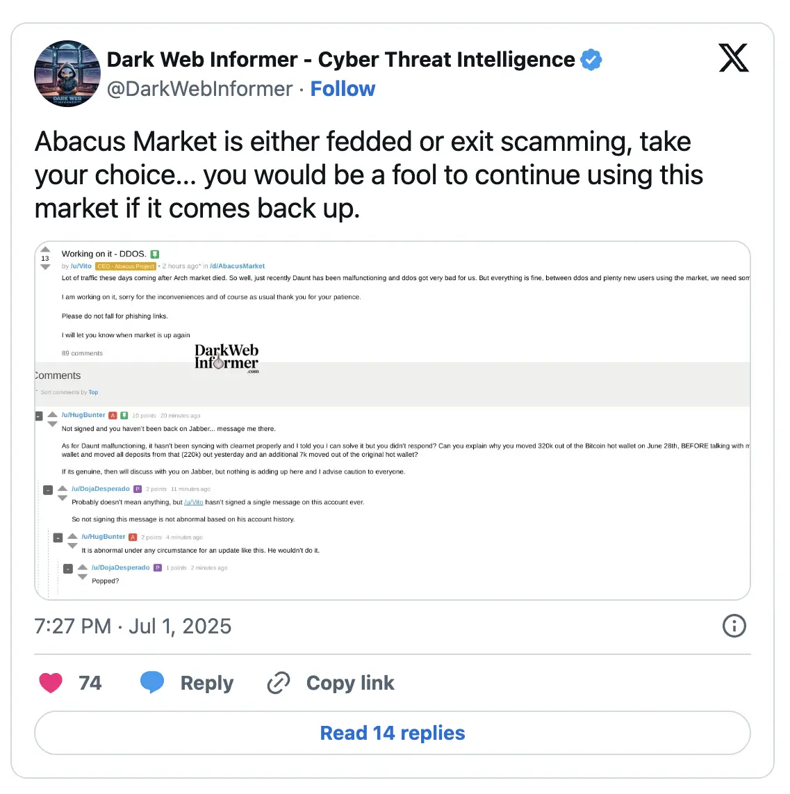 توییت حساب Dark Web Informer درباره تعطیلی آباکوس مارکت