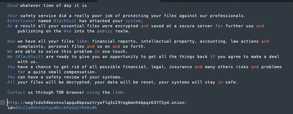 BlackSuit ransom demand