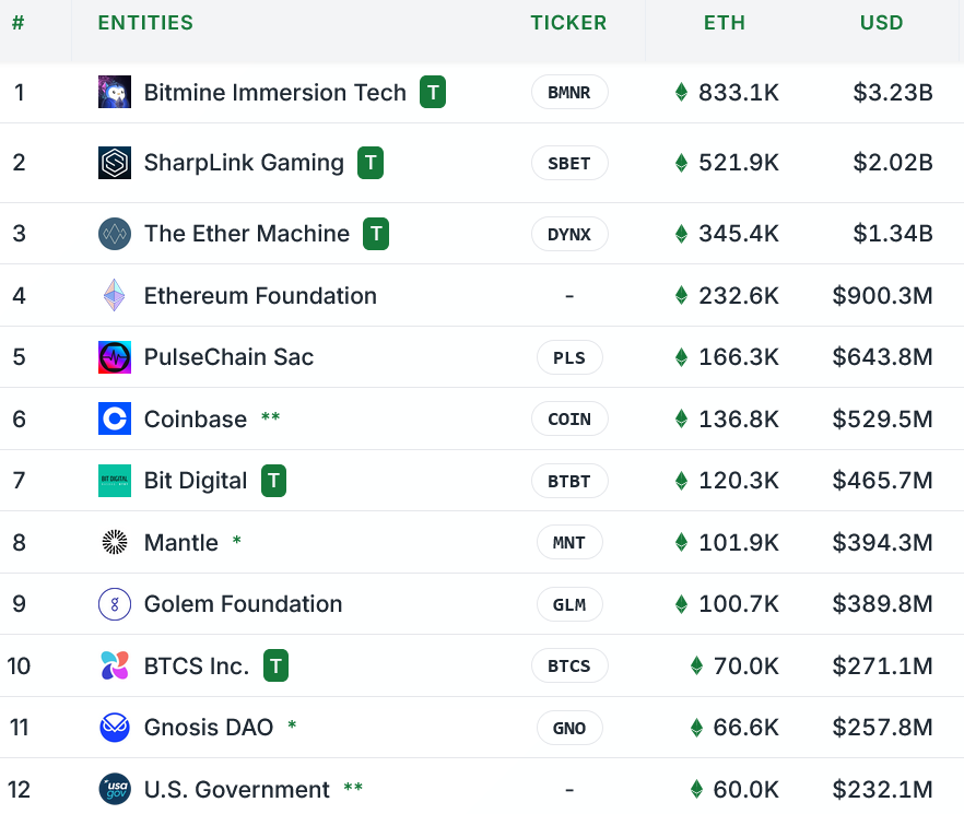 ETH treasury holders