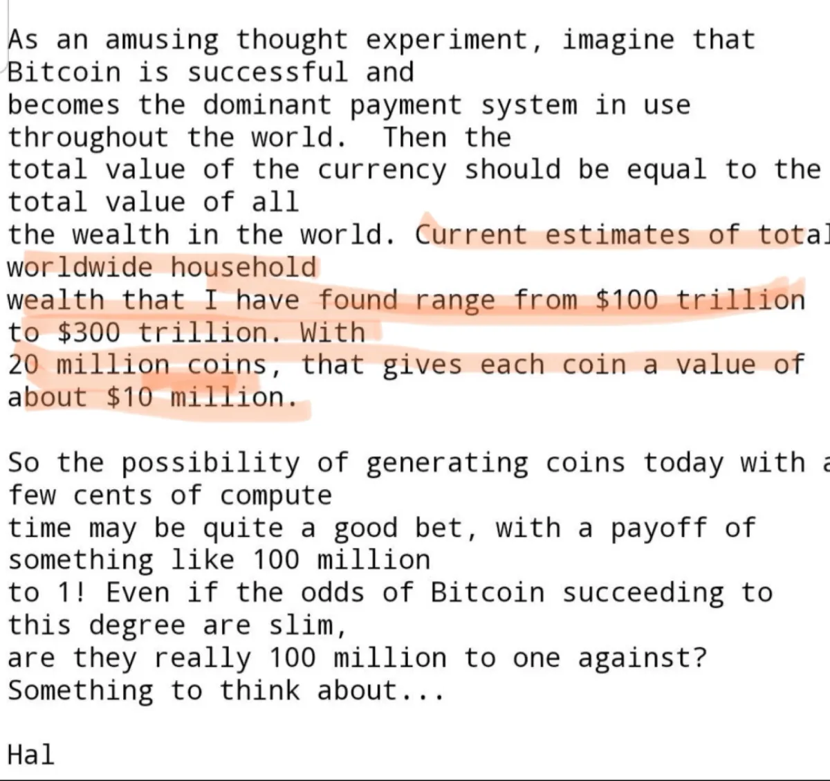 پیشبینی هال فینی از بیت کوین ۱۰ میلون دلاری