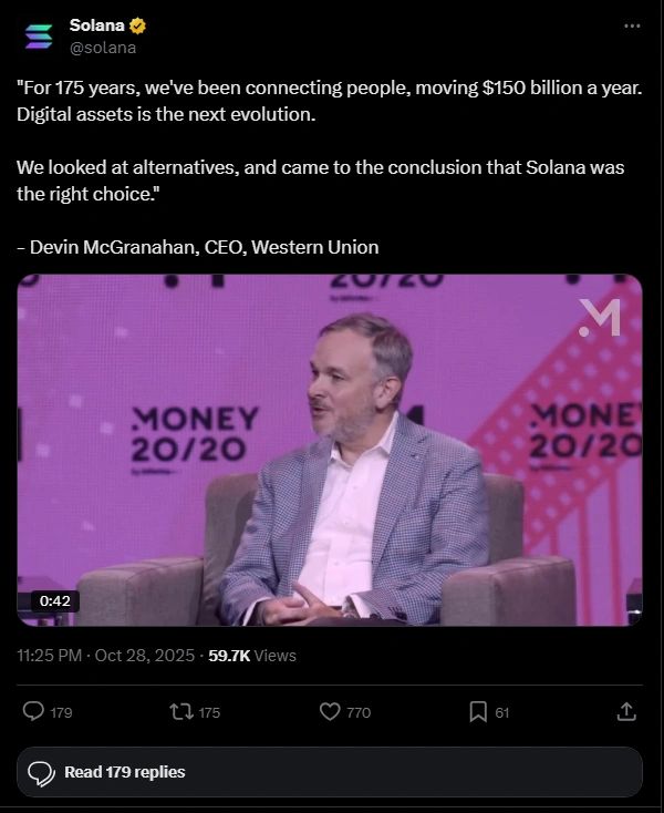 پست سولانا در شبکه ایکس درباره همکاری با وسترن یونیون