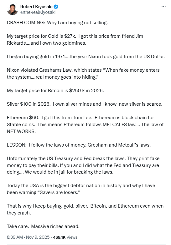 خوشبینی کیوساکی نسبت به بیت کوین، طلا و نقره - نوامبر ۲۰۲۵