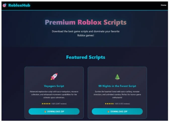 نمونه‌ای از یک وب‌سایت جعلی که خود را ارائه‌دهنده اسکریپت‌های Roblox جا زده است. منبع: Kaspersky