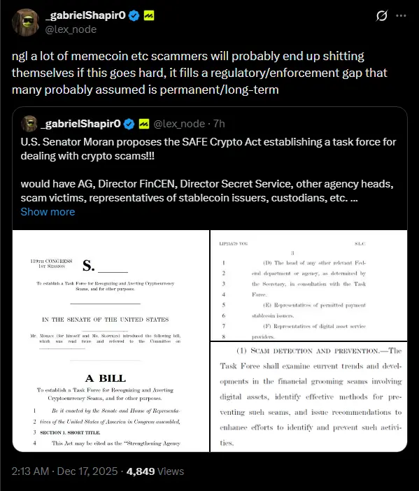 توییت گابریل شاپیرو درباره قانون SAFE Crypto در ایکس