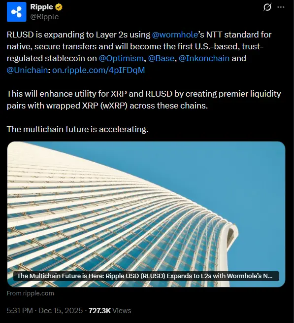 بیانه ریپل درباره همکاری با ورم‌هول برای پایلوت RLUSD روز زنجیره‌های لایه دوم اتریوم در ایکس