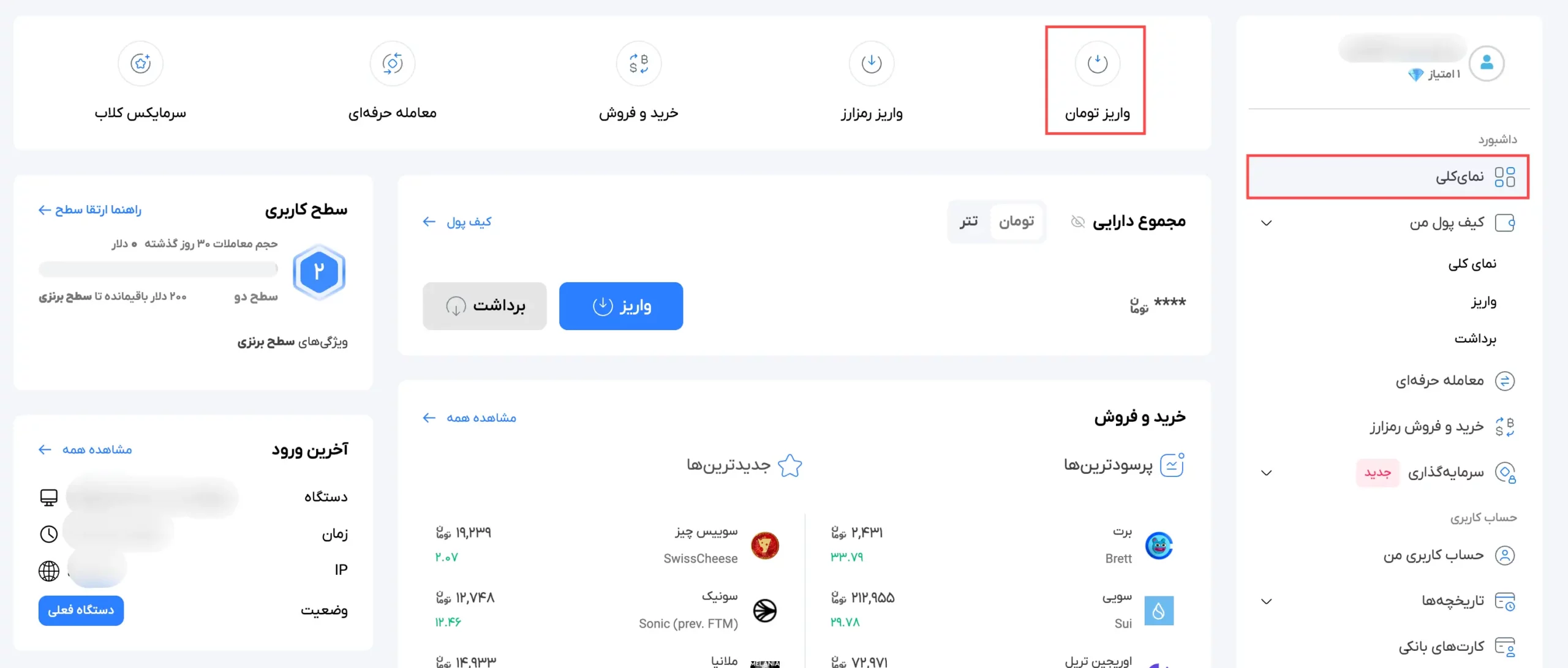 واریز تومان به سرمایکس از گزینه نمای کلی در داشبورد