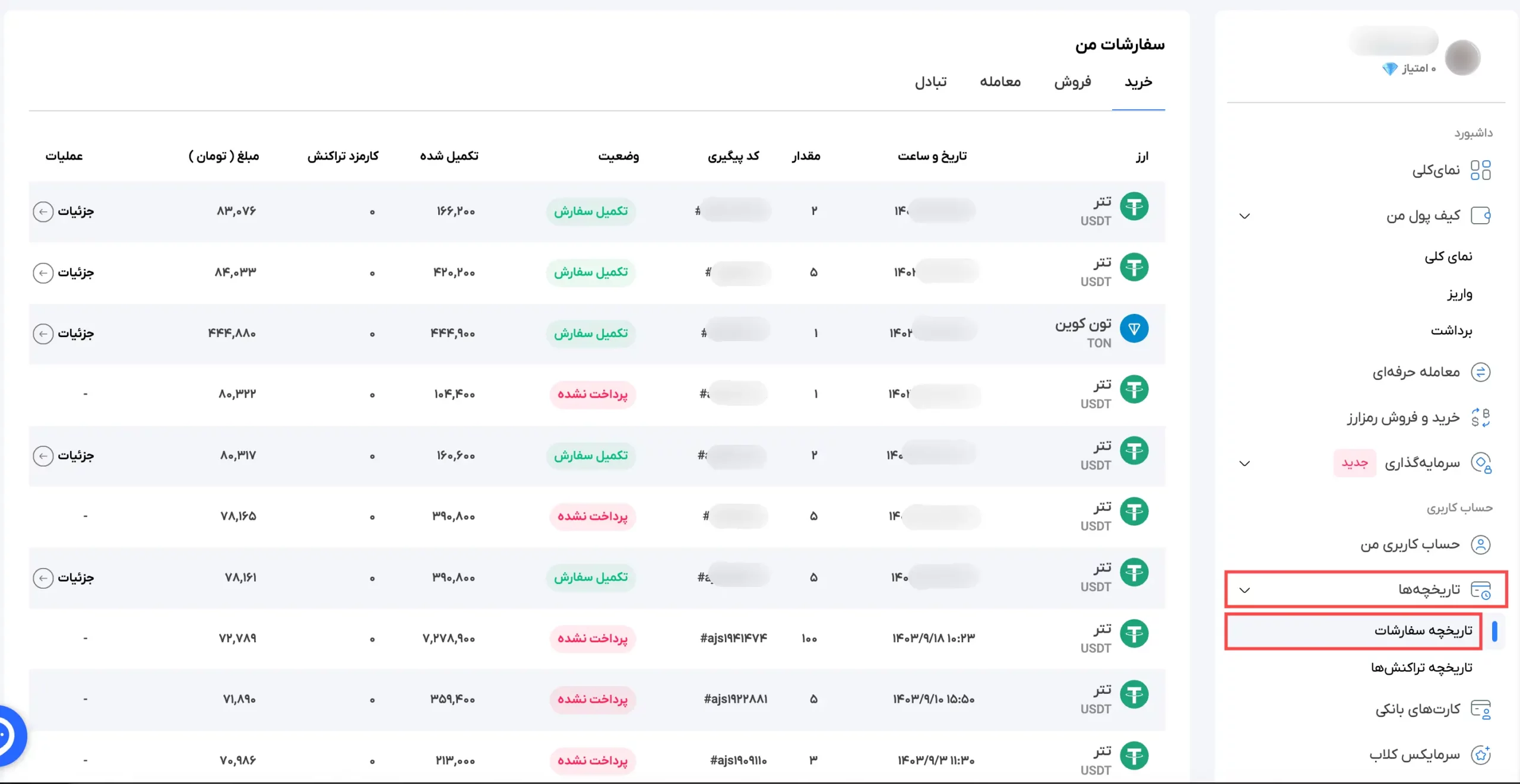 تاریخچه سفارشات