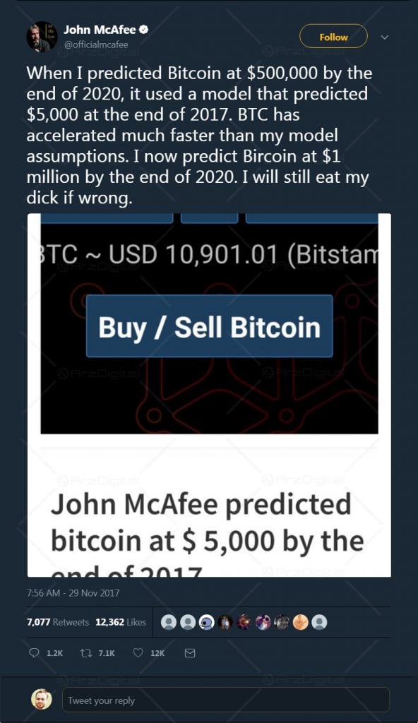 جان مک آفی، پیش بینی خود درباره بیت کوین را دو برابر کرد: بیت کوین به 1 میلیون دلار می رسد