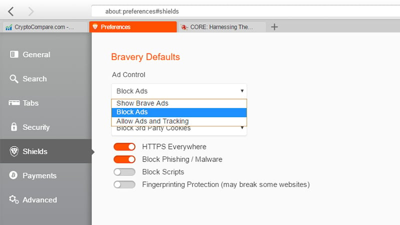 تنظیمات مسدود سازی تبلیغات در Brave Browser