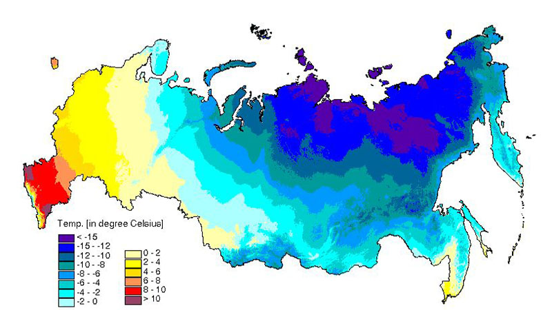 میانگین دمای سالانه در بخش های مختلف کشور روسیه